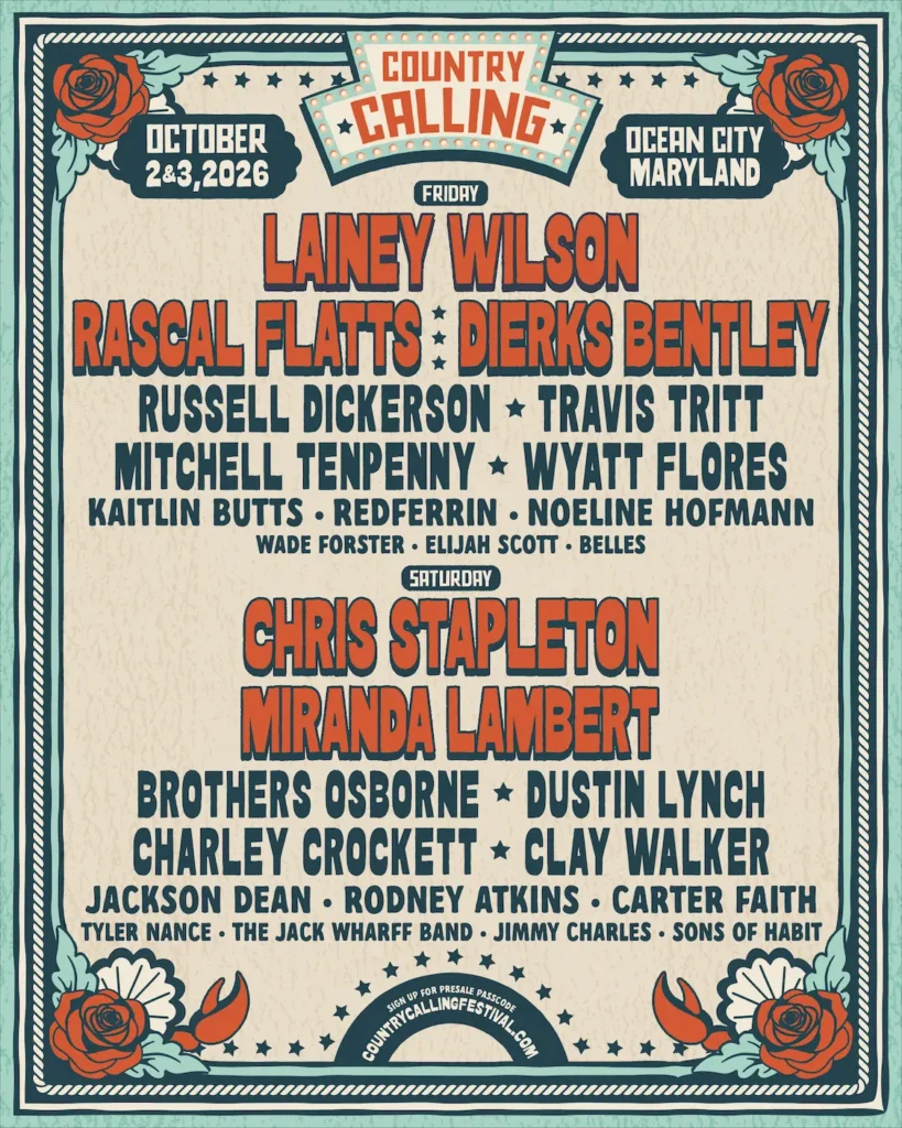Country Calling 2026 parking lineup poster, October 2-3 in Ocean City, Maryland, featuring Lainey Wilson, Chris Stapleton, and Miranda Lambert